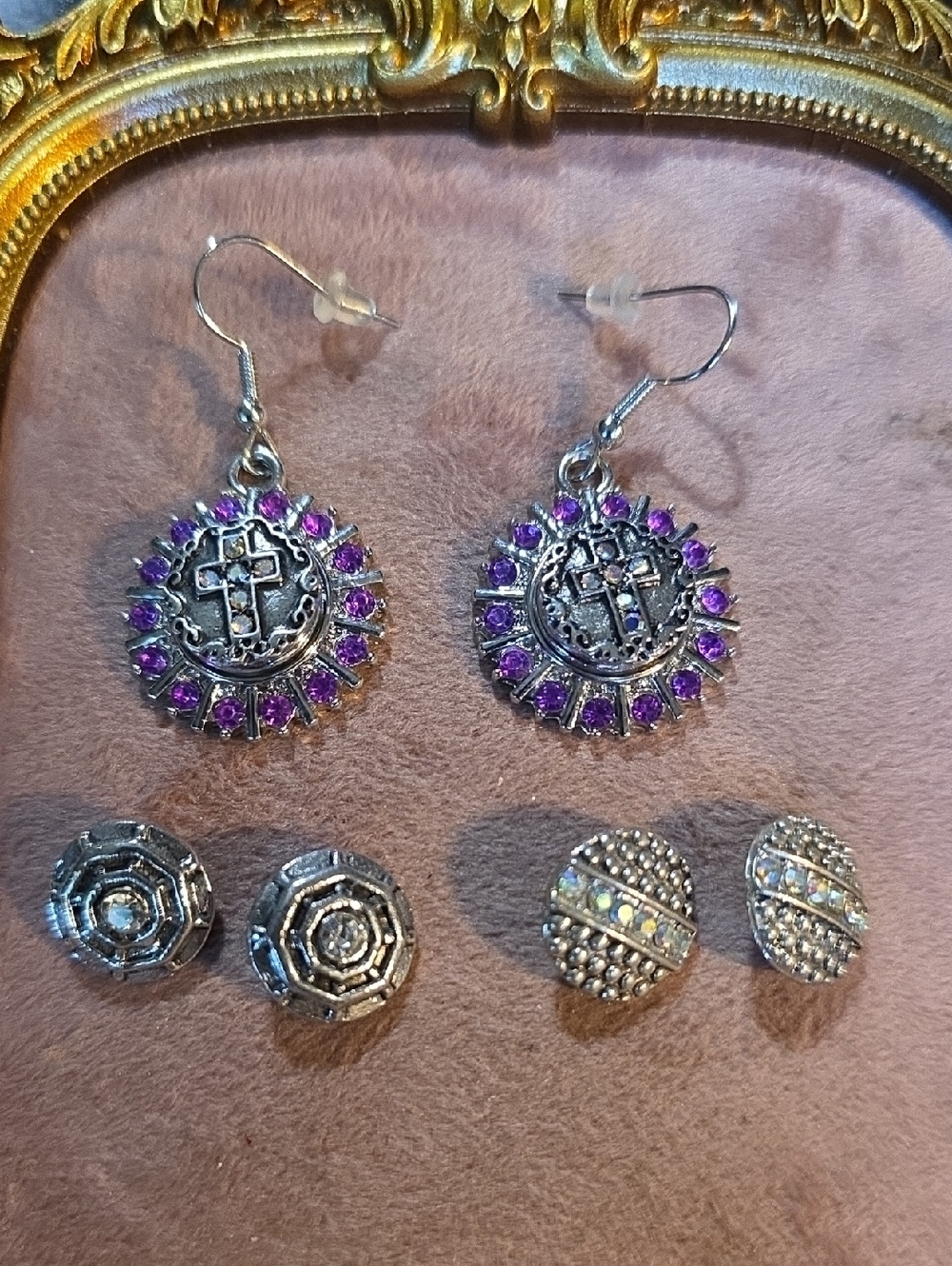 Vintage Ginger Snaps Drop Earrings with Purple Stones And 6 Interchangable Snaps